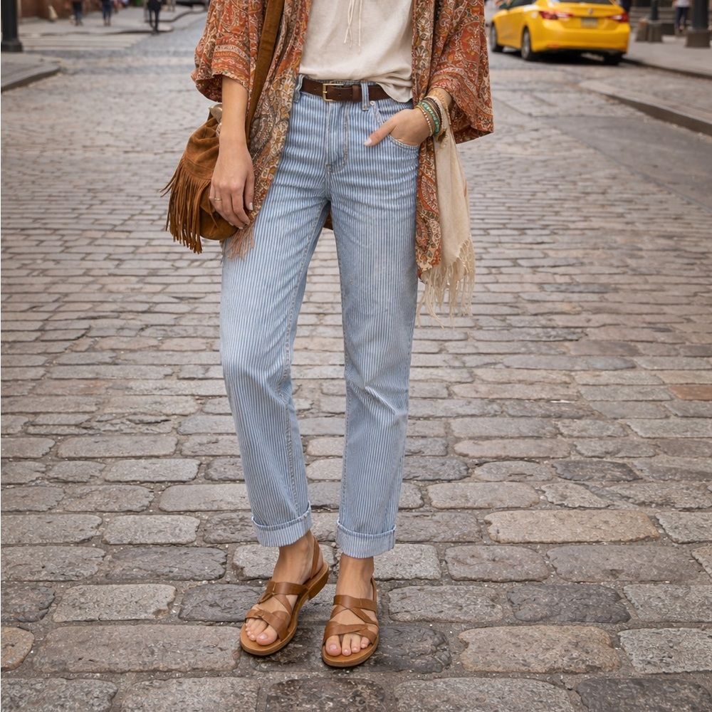 Oat New York Sky Blue Pinstripe Women's High Rise Skinny Boho Jeans
